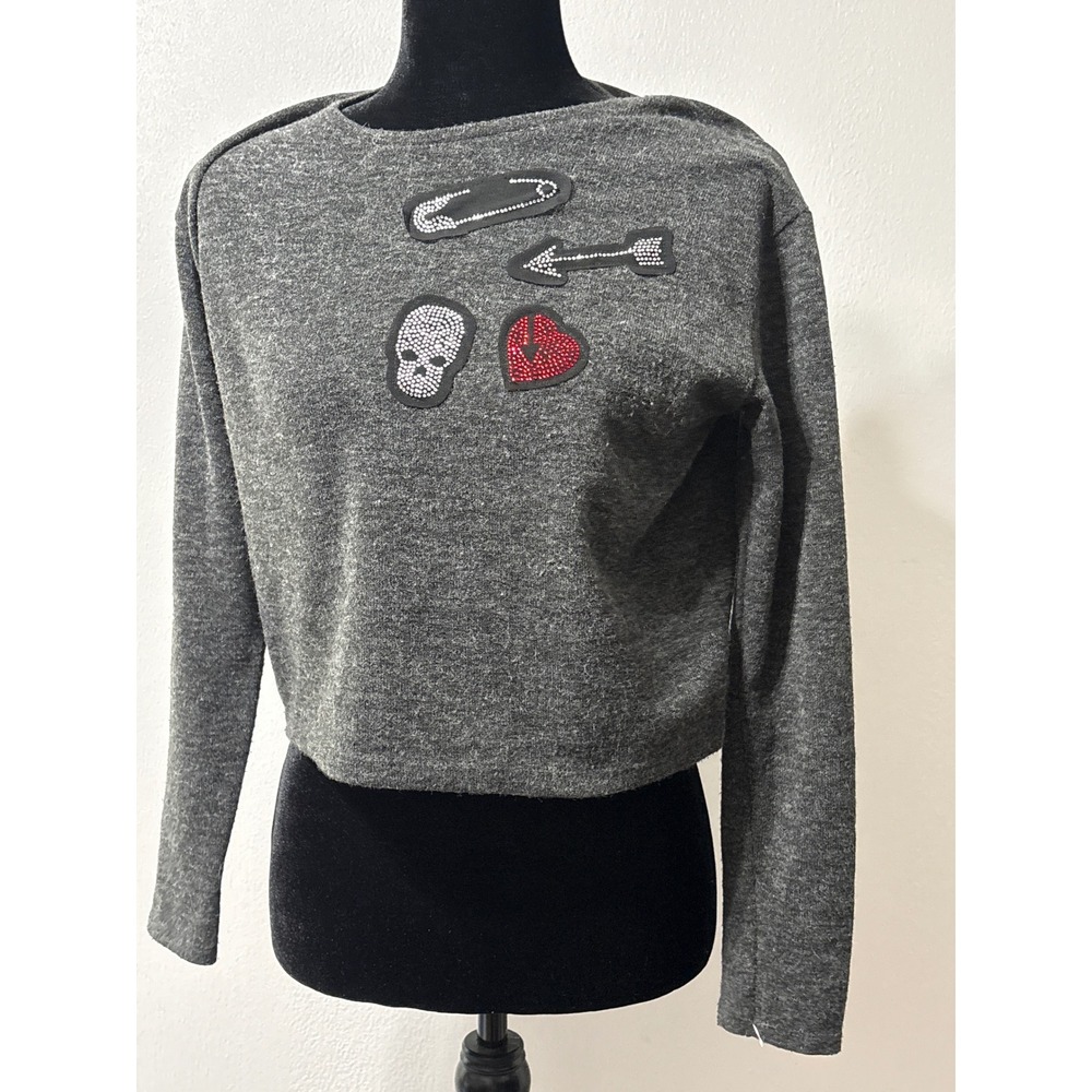 Zara Collection B Charcoal Grey Rhinestone Patch Cropped Knit Top Womens Medium